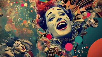 Colorful Carnivalesque Artwork with Vintage Clown Performer - obrazy, fototapety, plakaty