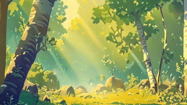 Cartoon magical summer birch forest with sunlight