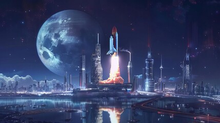 spectacular night view of space shuttle launching from earth futuristic spaceport concept illustration - obrazy, fototapety, plakaty