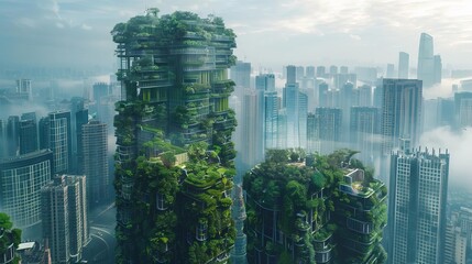 splendid ecofriendly city with vertical forest concept metropolis covered in green plants combination of civil architecture and natural biological life futuristic digital art - obrazy, fototapety, plakaty