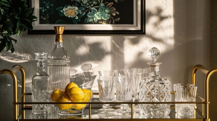 Elegant Home Bar Cart with Crystal Glassware and Lemons