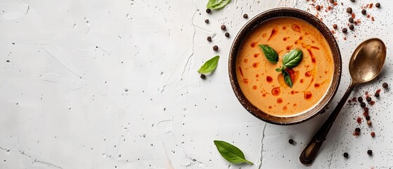 Top view of peppercorn sauce on a bowl on a studio white backdrop with a big space for text or product advertisement, Generative AI. - Powered by Adobe
