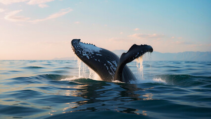 Majestic humpback whale emerges above the blue water surface.