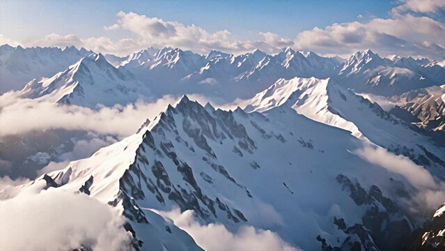 Majestic snow-capped mountain peaks under clear blue skies. Aerial view of mountain. Landscape live wallpapers. Beautiful slow motion footage. Abstract background of nature view.