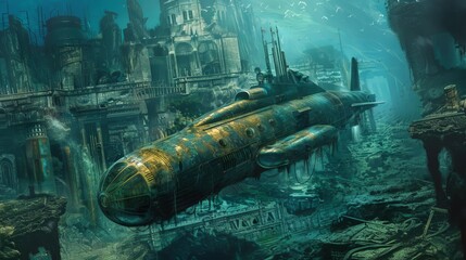 steampunk submarine exploring an underwater city with ancient ruins digital painting illustration