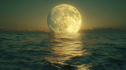   A full moon rises over a body of water, mirroring its image on the sun-reflecting surface