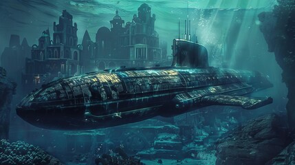 steampunk submarine exploring an underwater city with ancient ruins digital painting illustration - obrazy, fototapety, plakaty
