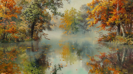 A serene oil painting of a misty autumn morning, doubling fall's beauty on water.