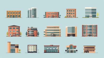 minimalistic flat vector illustration set of various school building facades educational institution architecture concept