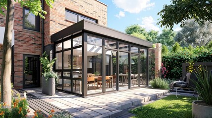modern conservatory sunroom extending into garden with block paved patio 3d rendering of home extension