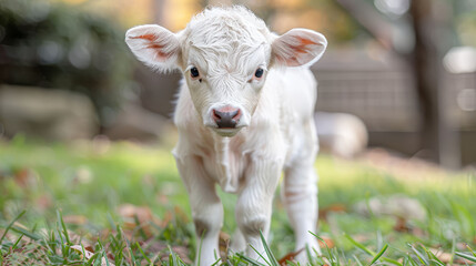 Obraz premium A tight shot of a baby cow in a lush grass field, surrounded by trees in the background and short grass in the foreground