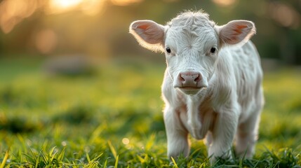   A tight shot of a small white cow grazing in a lush green field, bathed in sunlight filtering through the grass - obrazy, fototapety, plakaty