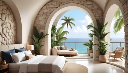 Ultra realistic  photo of Modern take on upscale bali inspired small condo white cream stone, light wwoodl round arches interor view of  bedroom withtropical foliage
