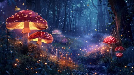 mysterious dark forest with ethereal glowing mushrooms and fireflies enchanting fairy tale atmosphere digital fantasy painting