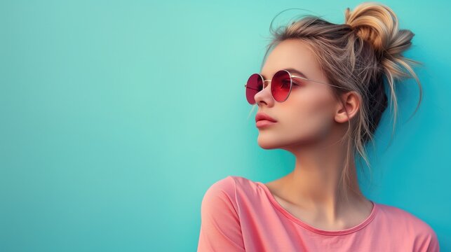 Fashion portrait of young beautiful woman in sunglasses on blue background.
