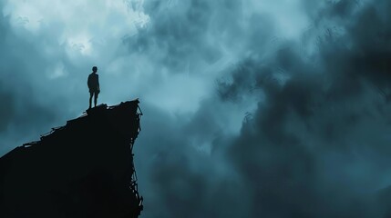 mysterious silhouette of person standing on a cliff against dramatic cloudy sky contemplative concept illustration - obrazy, fototapety, plakaty
