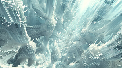 Silver and pale blue fractals form a 3D labyrinth, mimicking a tech haven. - obrazy, fototapety, plakaty