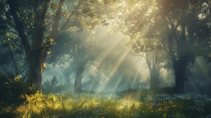 mystical misty forest with sunbeams breaking through the trees ethereal fairy tale landscape digital fantasy painting