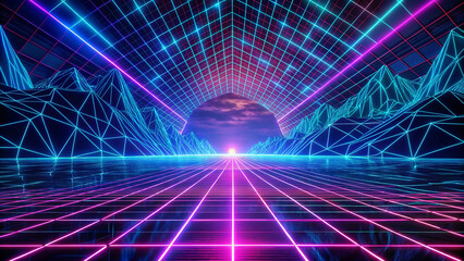 Vibrant neon lines form a futuristic grid that stretches under the digital sky towards the bright horizon,evoking the classic 1980s sci-fi aesthetic.Wireframe mountains line the sides of the space.AI  - obrazy, fototapety, plakaty