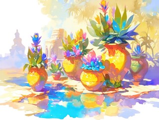 Obraz na płótnie Canvas Whimsical Desert Oasis Opal Flowerpot with Vibrant Colors Reflecting Shimmering Pools and Sands in Watercolor