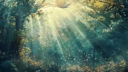 mystical misty forest with sunbeams breaking through the trees ethereal fairy tale landscape digital fantasy painting