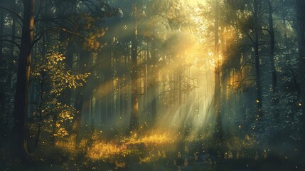 Obraz na płótnie Canvas mystical misty forest with sunbeams filtering through trees atmospheric digital painting
