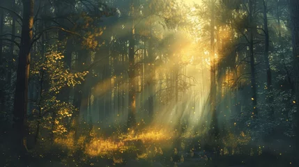 Foto op Plexiglas mystical misty forest with sunbeams filtering through trees atmospheric digital painting © Bijac