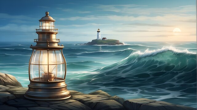 This digital illustration captures the essence of a lighthouse's glass lamp illuminating the sea, drawing inspiration from maritime themes and lighthouse aesthetics. The image features detailed textur