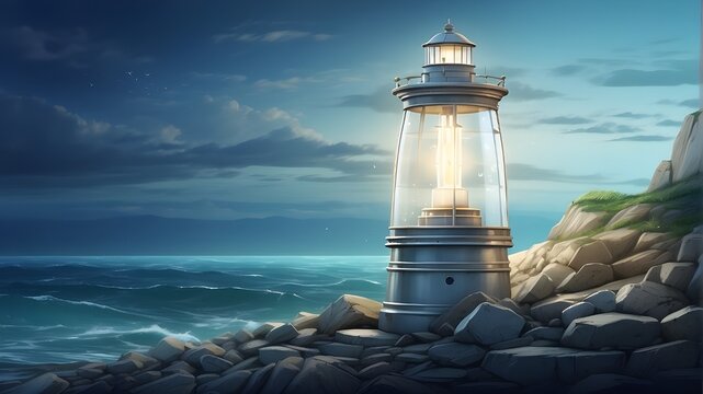 This digital illustration captures the essence of a lighthouse's glass lamp illuminating the sea, drawing inspiration from maritime themes and lighthouse aesthetics. The image features detailed textur