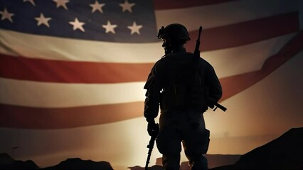 Silhouette of American soldiers in posing respectfully against the backdrop of a fluttering American flag, cinematic lighting with copy space area.
