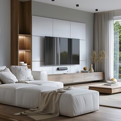Contemporary Comfort: White Corner Sofa with Wall Unit and TV