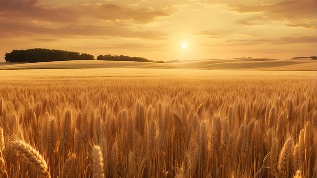 A photorealistic image of a golden wheat field at sunset, depicting the serene beauty of agriculture, harvest, and nature. The scene captures the warm hues of the setting sun casting a golden glow ove