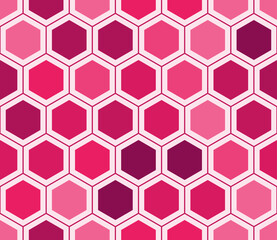 Vector science background. Simple hexagon grid with inner solid cells. Pink color tones. Large hexagon shapes. Seamless pattern. Tileable vector illustration.
