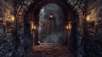 Obraz premium ominous medieval castle dungeon interior stone walls torches night darkness symmetrical staircase eerie atmosphere digital painting