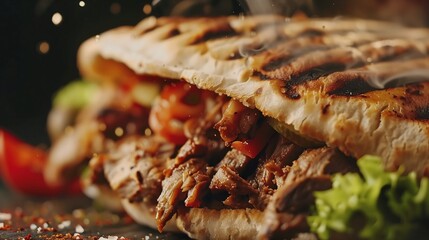 chicken shawarma doner sandwich with flying ingredients and spices - obrazy, fototapety, plakaty