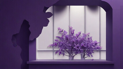 Abstract studio purple background for product presentation. Empty room with shadows of window and flowers and palm leaves . 3d room with copy space. Summer concert. backdrop. beauty product placement.