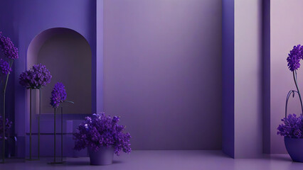 Abstract studio purple background for product presentation. Empty room with shadows of window and flowers and palm leaves . 3d room with copy space. Summer concert. backdrop. beauty product placement.