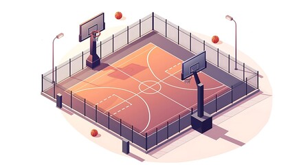 low poly isometric basketball court with fences and lighting