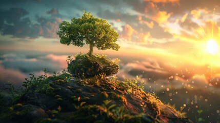 Fototapeta premium panoramic view of a small tree growing under a majestic sunrise green world and earth day concept digital illustration