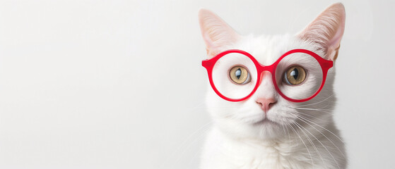 Portrait of a happy surprised White cat wearing red glasses on a white background, depicted in detailed