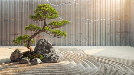 peaceful zen garden with raked sand rocks and bonsai tree minimalist japanese landscape concept - obrazy, fototapety, plakaty
