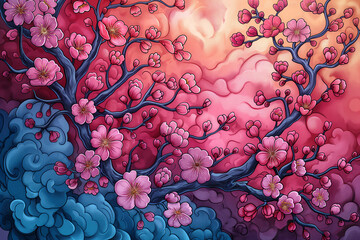 clean crisp line art, colored illustration. springtime,pink by sakura,red by plum blossom