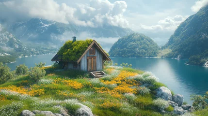 Fotobehang a scene of a lonely, tiny wooden house on a island surrounded by a lot o grass and hills © Jirut
