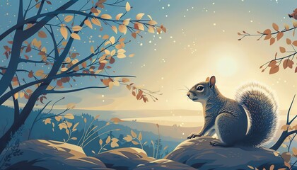 Illustrate the curious playfulness of a squirrel from an eye-level angle, incorporating a Sonnet poetry style, portrayed with vibrant watercolor medium for a whimsical touch - obrazy, fototapety, plakaty