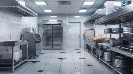 professional commercial bakery kitchen interior with stainless steel appliances industrial food production 3d illustration