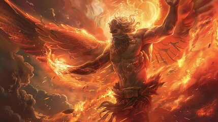 powerful prometheus bringing the gift of fire to humanity majestic mythological illustration - obrazy, fototapety, plakaty