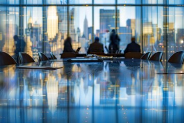 Business meeting in a modern glass-walled office overlooking the city skyline, with participants...