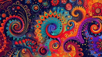 psychedelic abstract pattern with colorful spirals and geometric shapes 1960s hippie style digital art