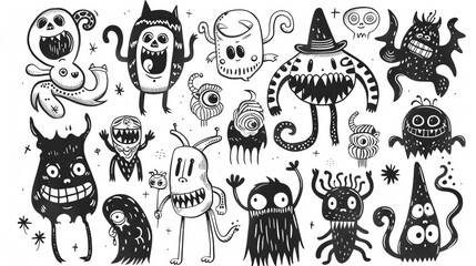 quirky cartoon doodle monsters and cute imaginary creatures hand drawn in black and white ink sketch style - obrazy, fototapety, plakaty