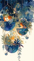 Obraz na płótnie Canvas Whimsical Twilight Fantasy with Children Nestled in Tourmaline Flowerpots under Firefly Lit Canopy